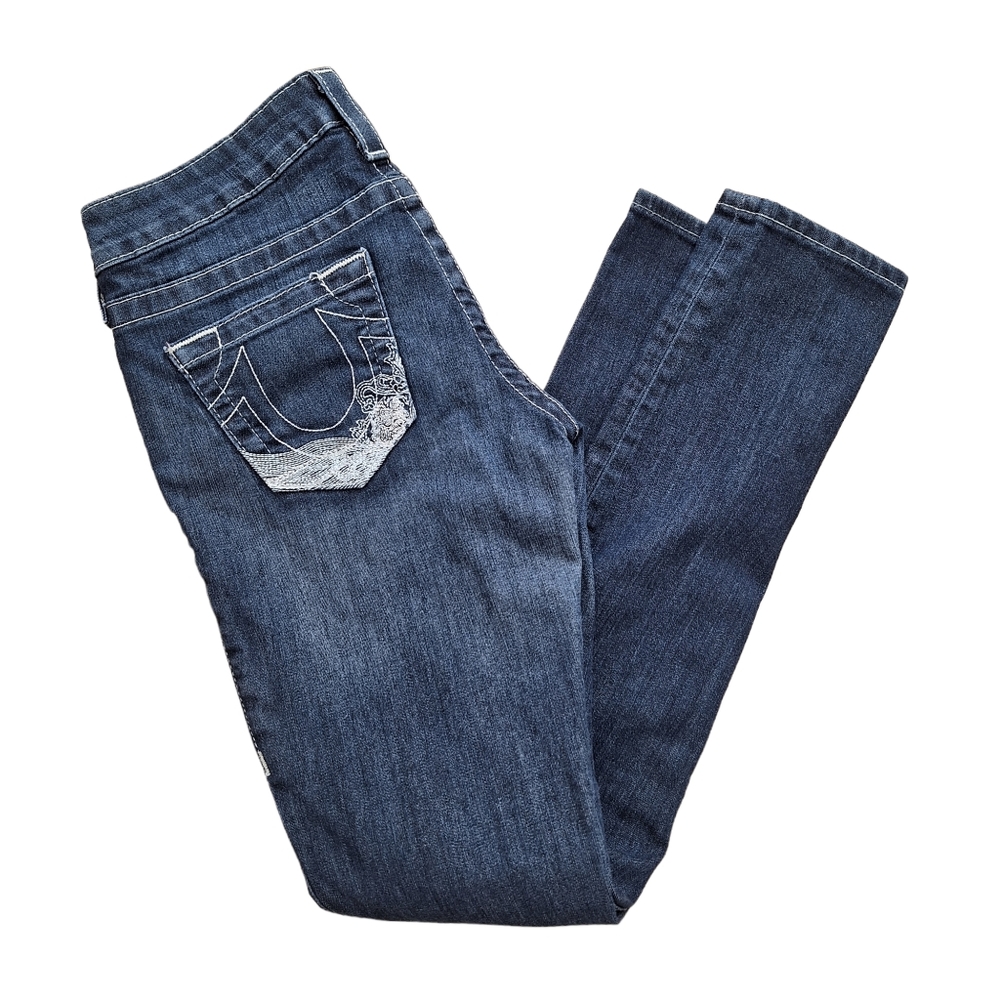 True Religion Women's Y2K Indigo Wash Low Rise Skinny Jeans Embroidered sz27